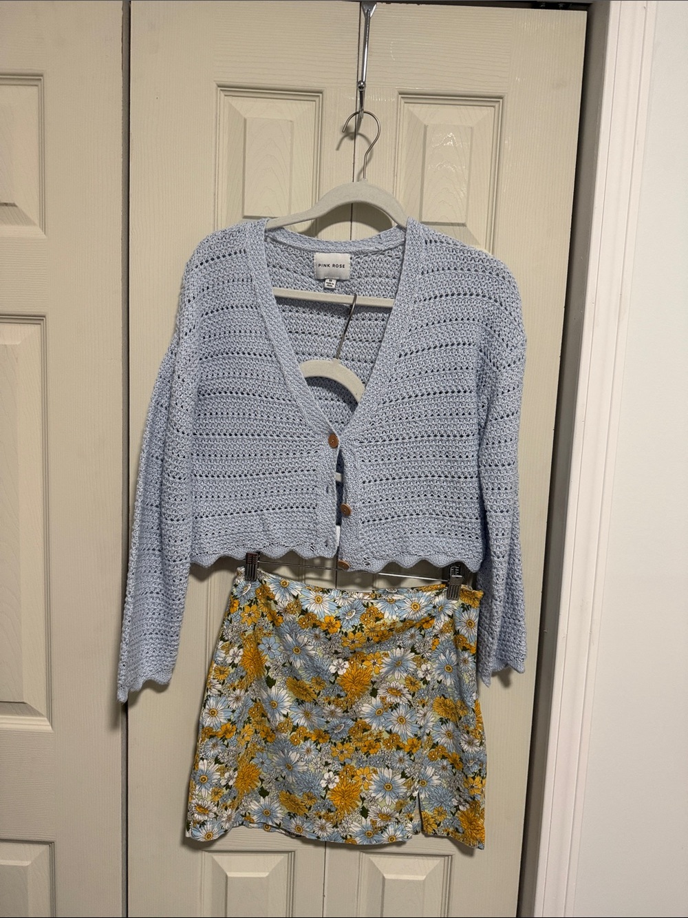 Urban Outfitters Pale Blue Crochet Cardigan with Yellow Floral Skirt Set